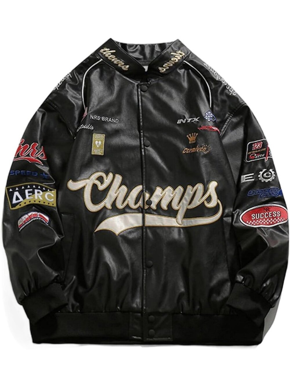 Women's Black Faux Leather Racing Jacket Oversized Motorcycle Biker Racer Jacket